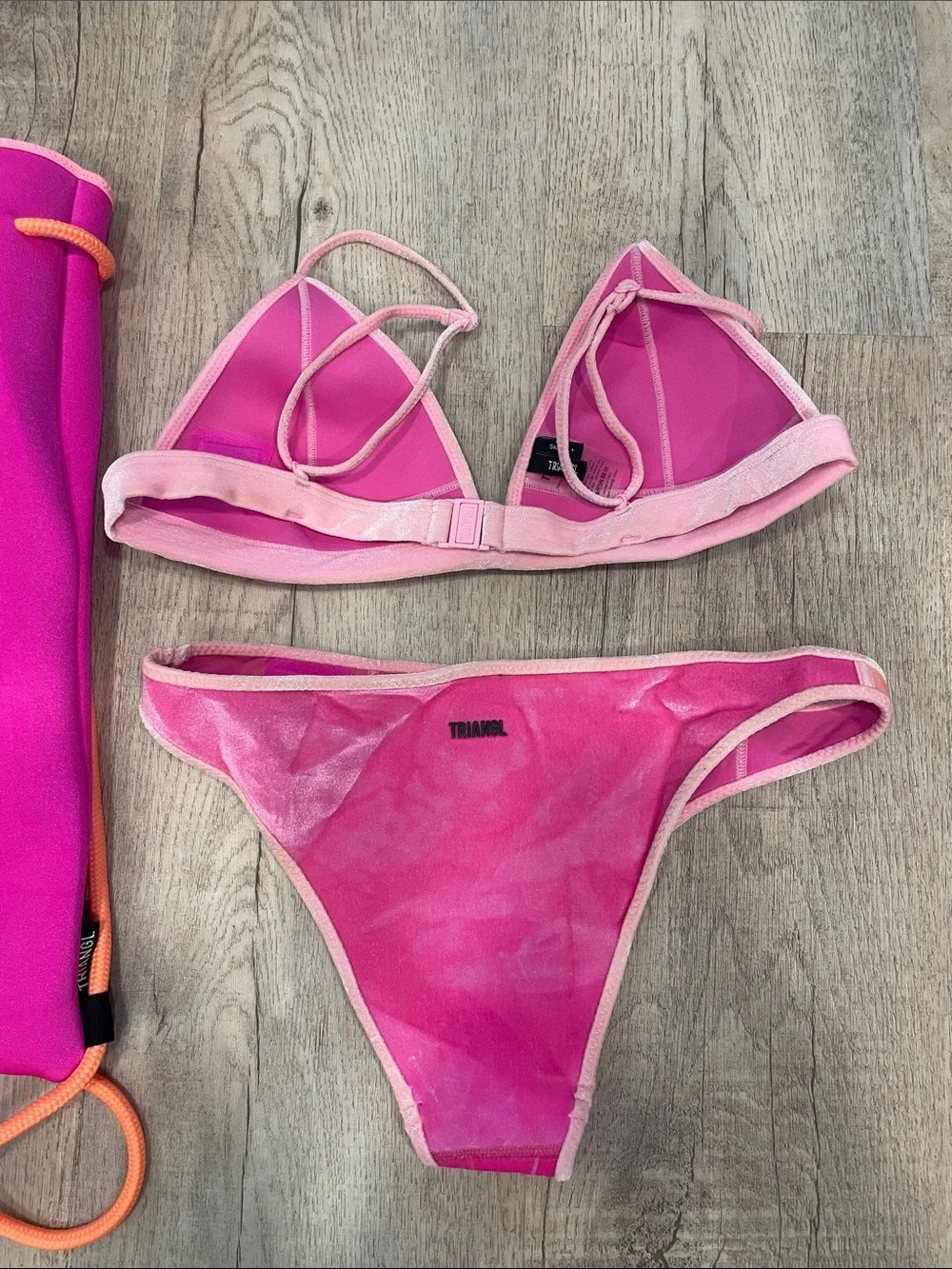 triangl swimwear Pink and Coral Two-Piece Bikini with Pink Drawstring Bag